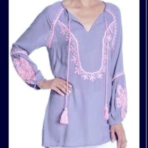 A&B•Blue Embroidered Tunic with Red Tassel Tie L